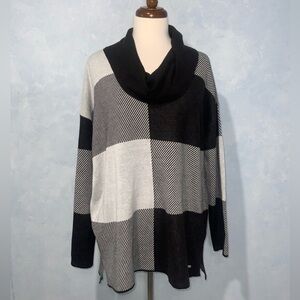 Calvin Klein Black & White Window Pane Cawl Neck Tunic Drop Shoulder Sweater Lg